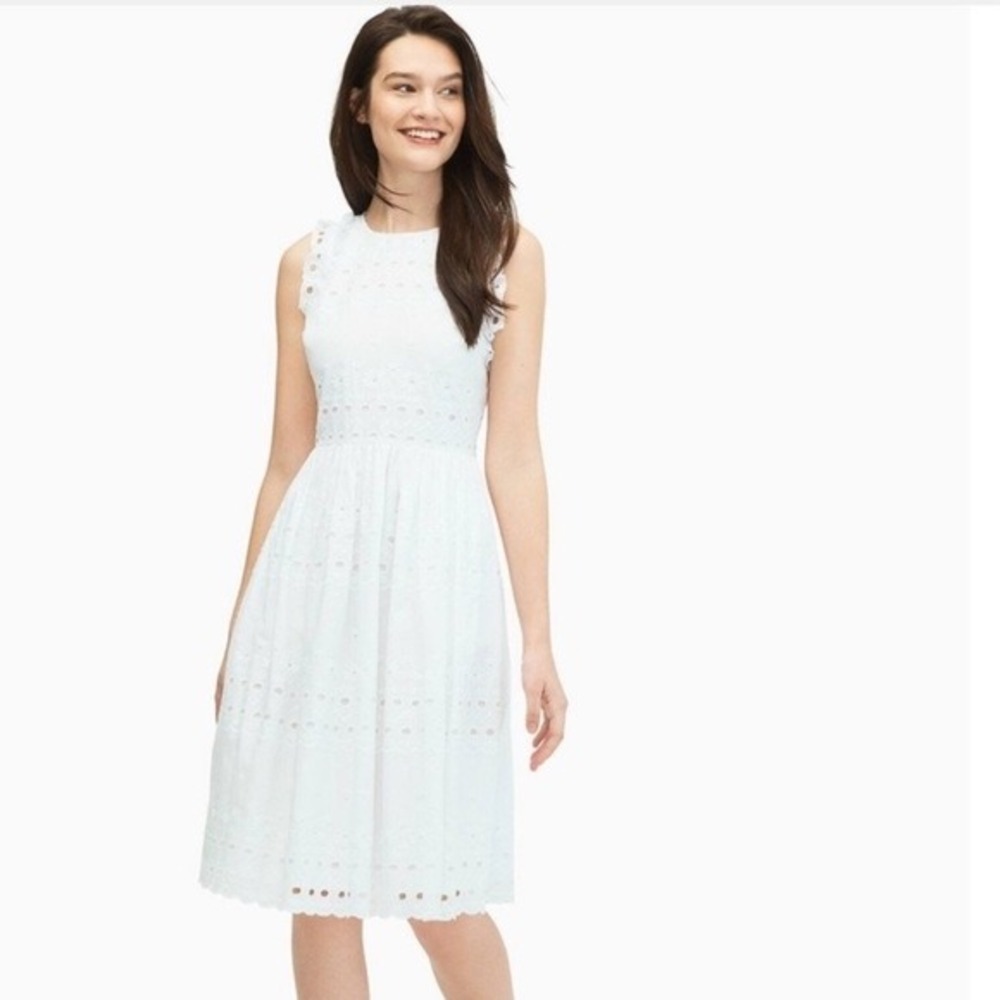 Kate Spade New York White Eyelet Ruffle Sleeve Cotton Midi Dress Size‎ 12